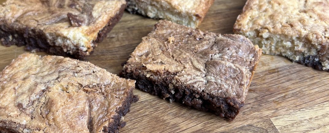 A marble brownie made with a brownie and blondie recipe
